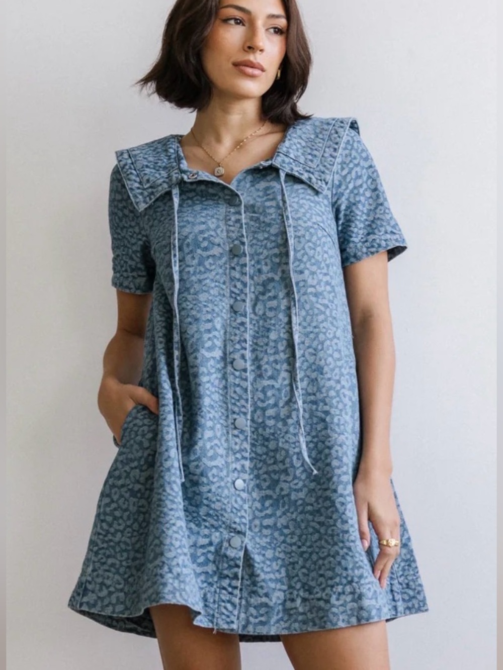 bohme Blue Leopard-Print Tie-Neck Button Mini Dress